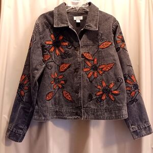 EUC Christopher & Banks Embroidered Gray Denim Jacket SIze L